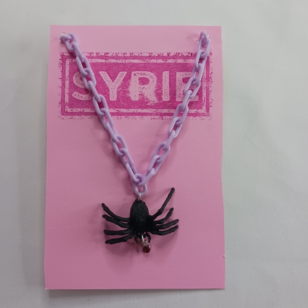 Purple Plastic Link Necklace with Black Spider & Pink Rhinestone.